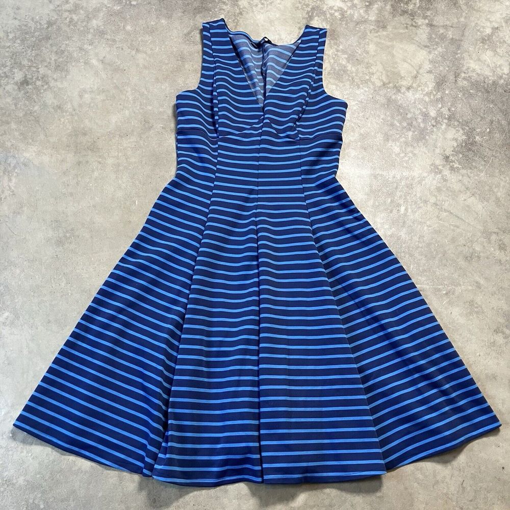 Peter Som Dress Womens 6 Blue Stripe Sleeveless Fit Flare Stretch V Neck